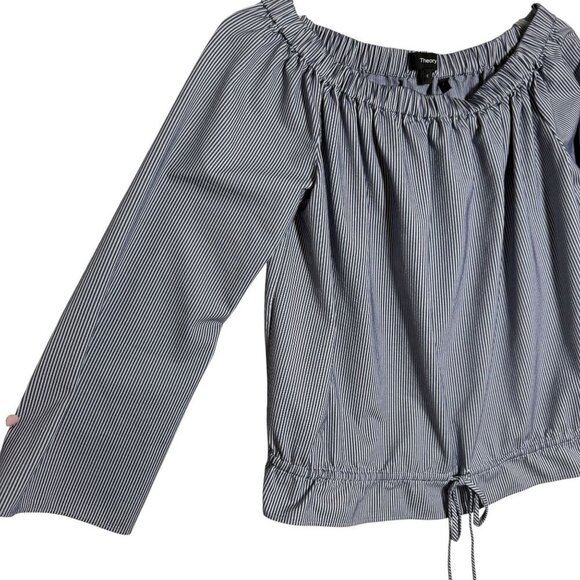 Theory Womens Striped Off-Shoulder seersucker Drawstring Top Small blue white - Picture 4 of 7
